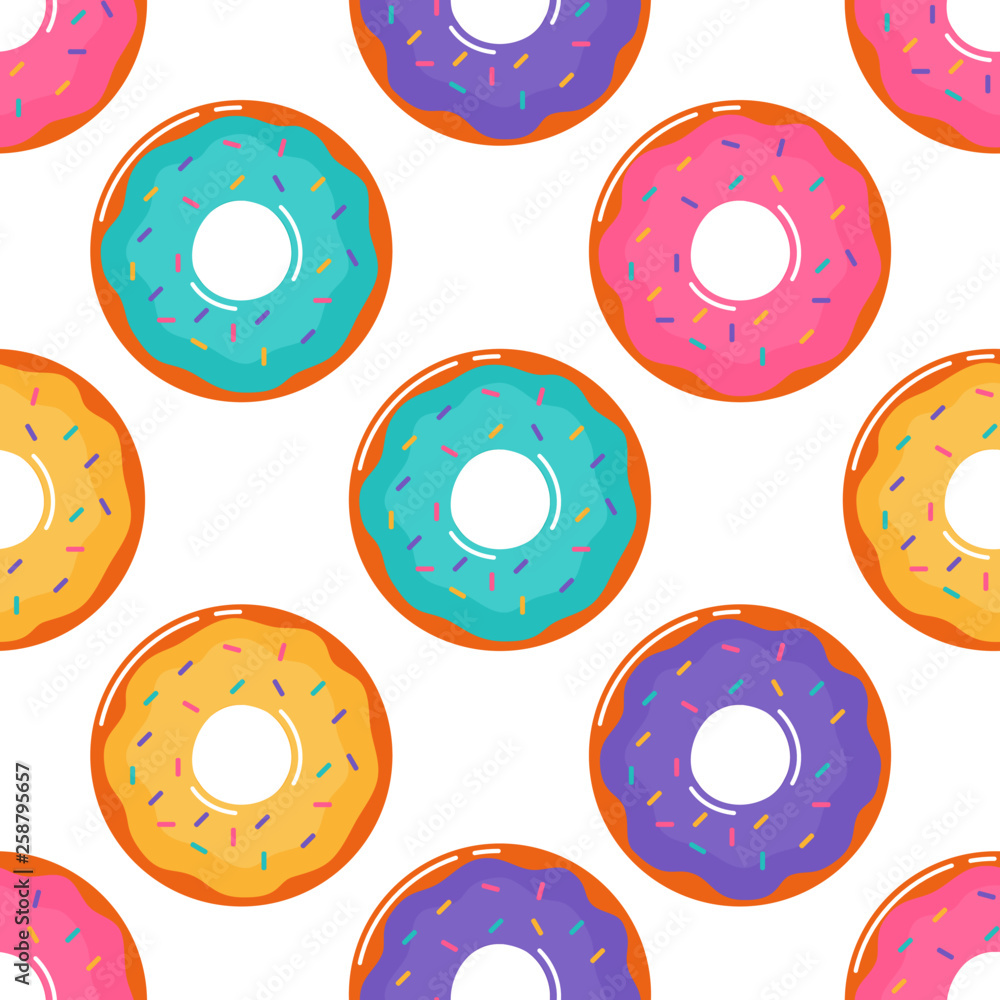 Wall mural kawaii Cute Pastel donuts Sweet summer desserts Seamless pattern with different types on White Background for cafe or restaurant. illustration Vector.