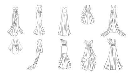 A set of different dresses. Modern and classic style. Dresses for prom, gala evening, wedding, masquerade, points. 