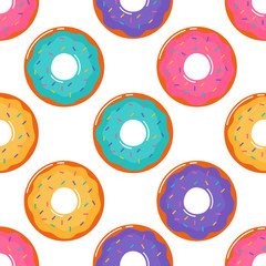 kawaii Cute Pastel donuts Sweet summer desserts Seamless pattern with different types on White Background for cafe or restaurant. illustration Vector.