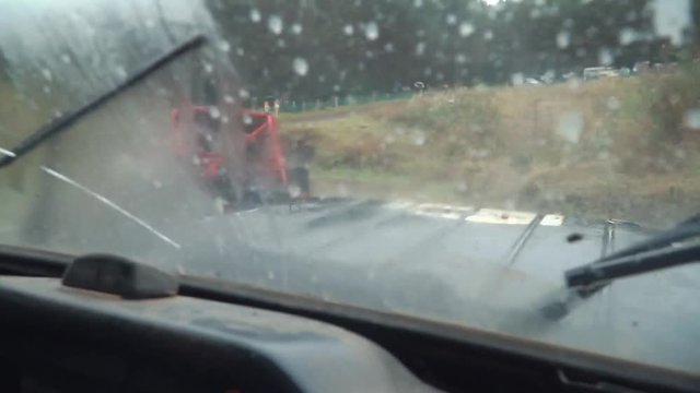 View from rover in off road competition. Clip. Off road racing