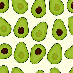 Fresh avocado slices seamless pattern on white background. Fruit citrus. Organic food. Elements for menu. Vector illustration.