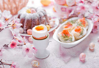 Easter breakfast.Cake and eggs with salmon