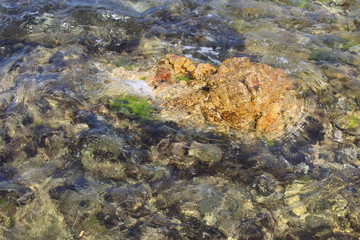 Fototapeta na wymiar Stones in clear sea water. Splash of water.