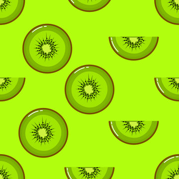 kiwi Seamless pattern and slices. fruit summer on green background. Elements for menu. Vector illustration.