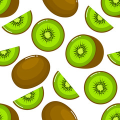 kiwi Seamless pattern and slices. fruit summer on white background. Elements for menu. Vector illustration.
