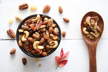 Mix nuts and dried fruits background and wallpaper. Seen in top view of mix nuts and dried fruits...