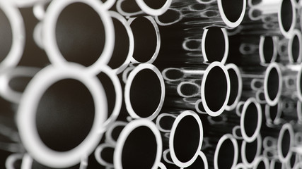 Industry business production and heavy metallurgical industrial products, many shiny steel pipes, industrial background, manufacturing business production concept, 3D illustration