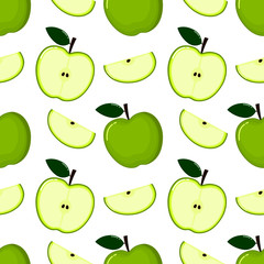 green Apple Seamless Pattern and slices. fruit summer on white background. Elements for menu. poster, textile, greeting card design. Vector illustration.