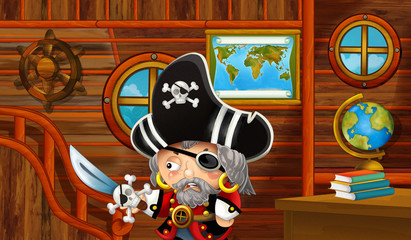 cartoon scene with pirate ship cabin interior with pirate boy sailing through the seas - illustration for children