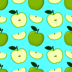 green Apple Seamless Pattern and slices. fruit summer on blue background. Elements for menu. poster, textile, greeting card design. Vector illustration.