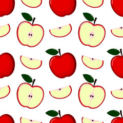 red Apple Seamless Pattern and slices. fruit summer on white background. Elements for menu. poster, textile, greeting card design. Vector illustration.
