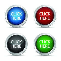 Click here web buttons with metallic frame isolated on white background