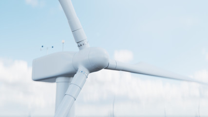 Close-up wind turbine generating electricity in blue sky background. Clean energy, wind energy, ecological concept, 3d illustration © rost9
