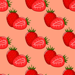 Strawberry fruit seamless pattern. Isolated on pink background. Vector illustration.