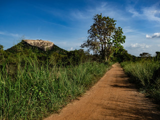 Road to rock Pidurangalan with blue sky. Sri Lanka, March 10, 2019.