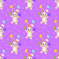Happy Easter cute seamless pattern of lovely rabbits. bunny and egg. textile, wrapping, wallpapers. isolated on purple background.