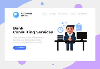 Financial consultant bank manager character sitting on workplace and waiting client. Finance banking consultation concept. Vector flat graphic design banner web page illustration