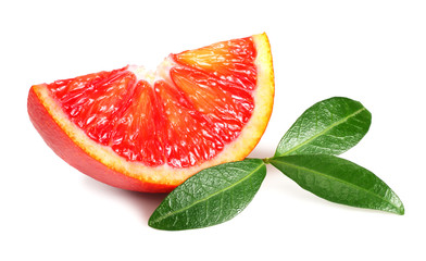 Slice of red blood orange with leaf isolated on white background
