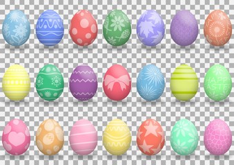 Easter. Set of colorful realistic Easter eggs with patterns. Decoration for the holiday. Isolated on transparent background. Vector illustration. EPS10