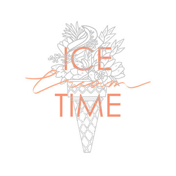 Typography Slogan Ice Cream With Flowers Illustration