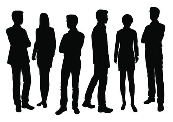 Vector silhouettes of men and women standing, businessmen and businesswomen, group people, different poses,  black color, isolated on white background