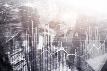 High-rise buildings mixed media double exposure. Modern city. Economic growth graph chart