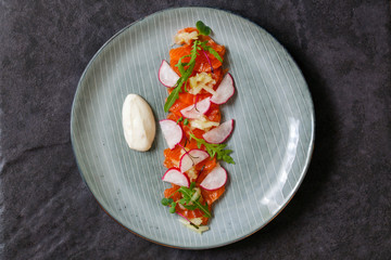 Cured trout with radishes, micro herbs, cucumber chutney and horseradish cream 