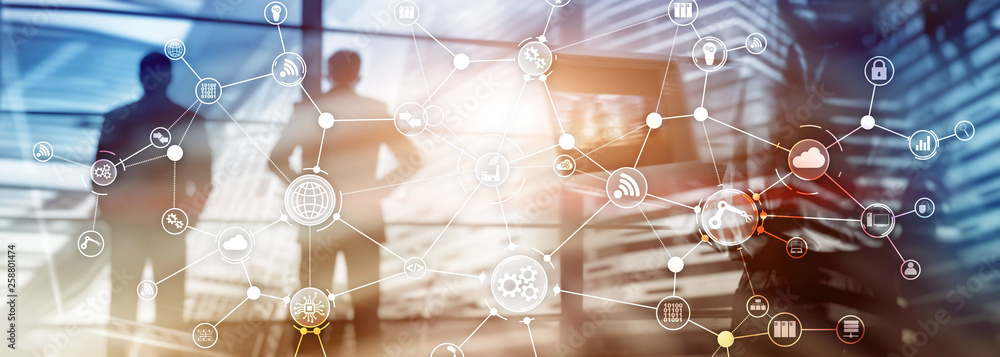 Poster technology industrial business process workflow organisation structure on virtual screen. iot smart 