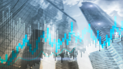 Stock trading candlestick chart and diagrams on blurred office center background.