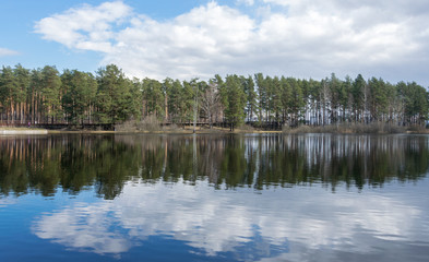 Fototapeta premium Landscape with lake and forest on horizon. Latvian nature in early spring.