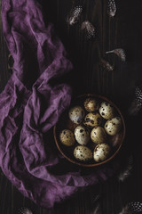 Quail eggs in wooden bowl with feathers on dark wooden background.