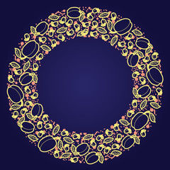 Peach vector circle pattern. Funny doodle healthy food on a dark background