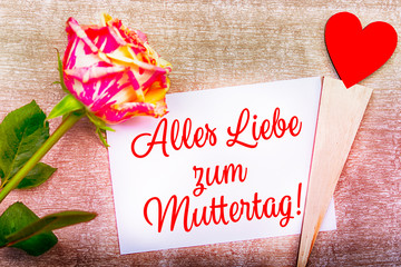 Alles Liebe zum Muttertag, Grußkarte mit Herz und Rose