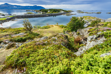 Fototapeta na wymiar Spectacular landscape of the Atlantic Road viewed from one of the small islands connected by a causeway, More og Romsdal, Norway