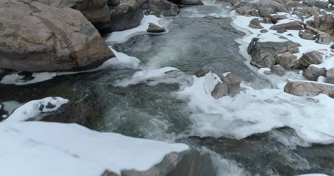 aerial view of a Rocky Mountains river in winter scenery - Cache la Poudre River at Big Narrows in northern Colorado near Fort Collins