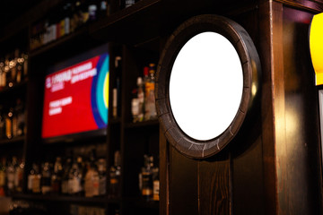 Blank ad Mock up frame on the blurred background of the bar - Empty space for advertisement