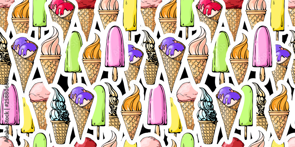 Poster seamless pattern with color sketch of ice cream.
