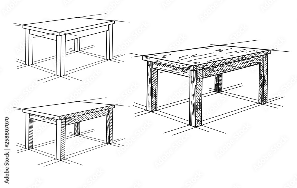 Poster realistic sketch of different tables in perspective. table set.