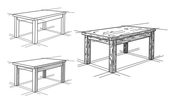 Realistic sketch of different tables in perspective. Table set.