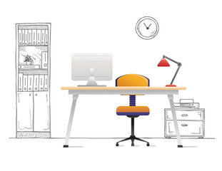 Office chair, desk, various objects on the table. Workspace in flat style. Vector