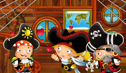 cartoon scene with pirate ship cabin interior with treasure and loving pirate couple sailing through the seas - illustration for children