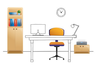 Office chair, desk, various objects on the table. Workspace in flat style. Vector