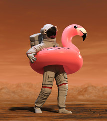 Astronaut with Pink Float Looking for Water on Mars - 3D illustration © Giovanni Cancemi