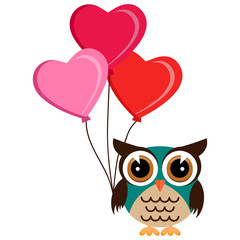 Owl with heart love balloons