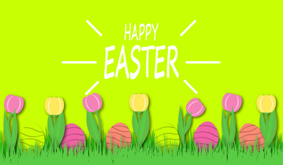 Happy Easter background with colorful eggs and tulips in bright green grass. Festive decoration. 3D vector, paper cut style