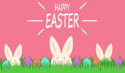 Happy Easter background with funny white rabbit and easter eggs. Easter cute bunny in green grass. Festive decoration.