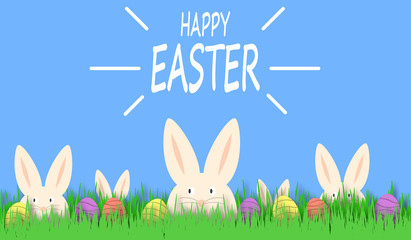 Happy Easter background with funny white rabbit and easter eggs. Easter cute bunny in green grass. Festive decoration.