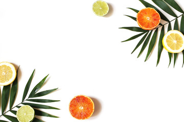 Exotic composition of fresh lemons, red oranges, lime fruit and lush green palm leaves isolated on...