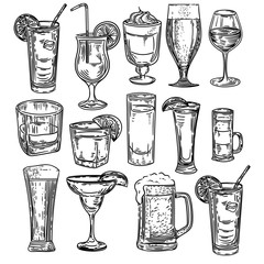 Vector hand drawn of big set with alcohol drinks.