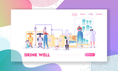 Dairy Farming Landing Page. Agricultural or Animal Husbandry Enterprise. Cow Produce Milk, Character Processing and Retail Sale Website or Web Page. Flat Cartoon Vector Illustration